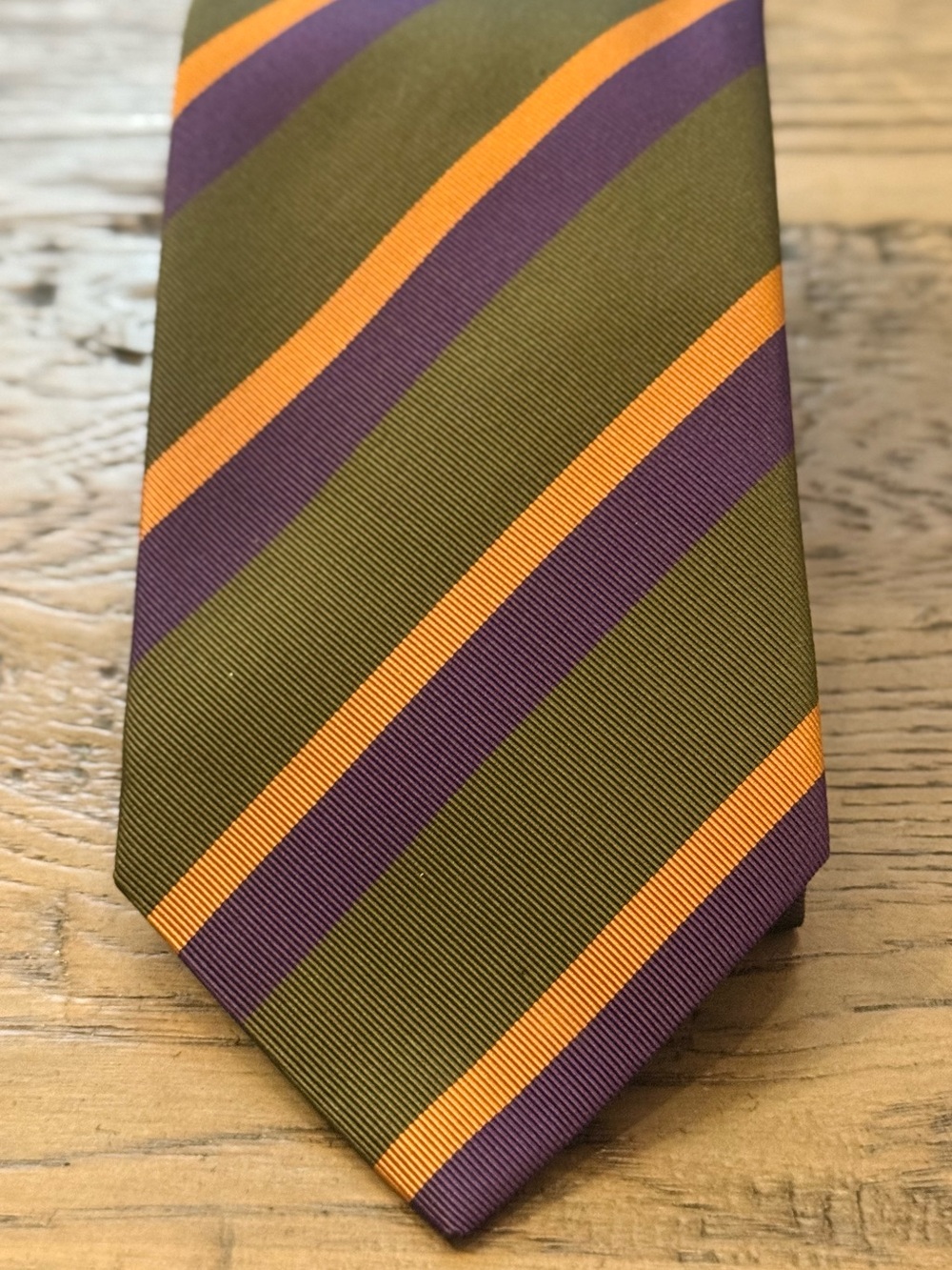Seaward & Stern Olive Green Striped Tie with Purple and Orange Accents